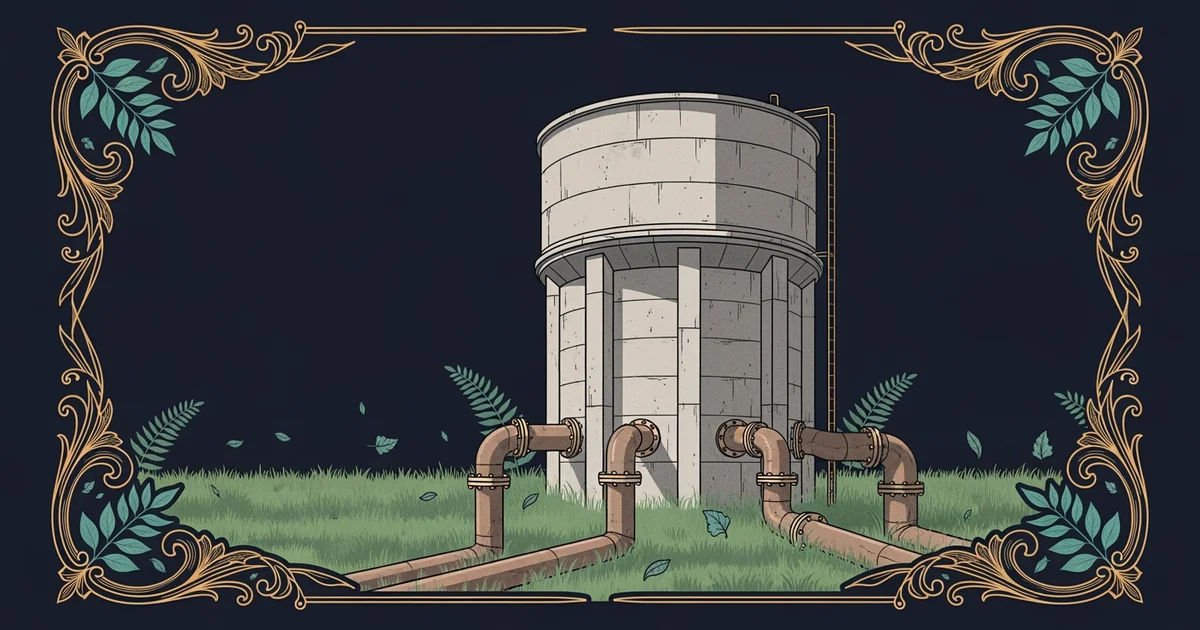 A large concrete water tower standing in a grassy field with visible pipes leading underground, Victorian botanical illustration style, representing a Learning Whistle learning path on water managemen