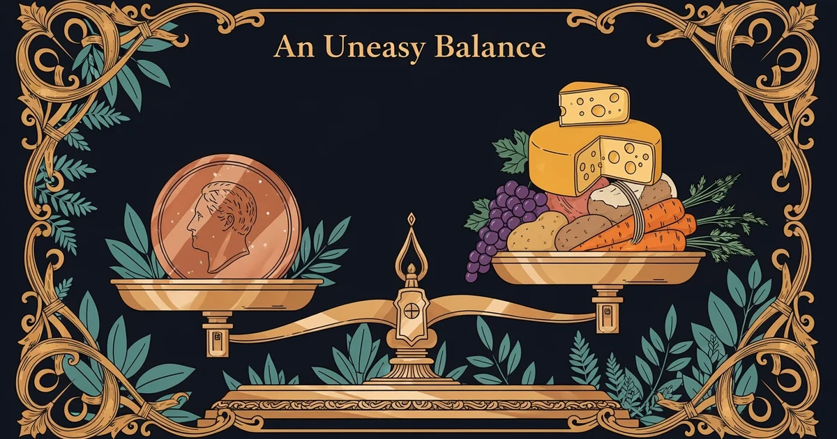 A single antique brass scale balancing a heavy coin against a pile of grocery items, Victorian botanical illustration style, representing a Learning Whistle learning path on inflation.