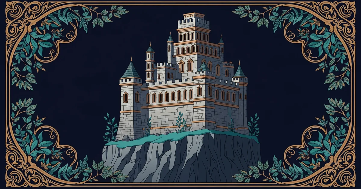 A stone fortress on a cliff, Victorian botanical illustration style, representing a Learning Whistle learning path on Why Nations Go to War.