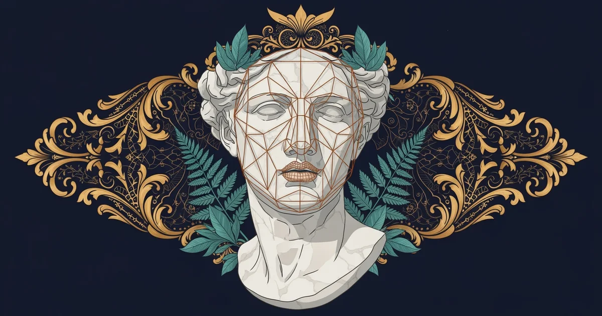 A geometric wireframe mask, Victorian botanical illustration style, representing a Learning Whistle learning path on why we find certain faces attractive.
