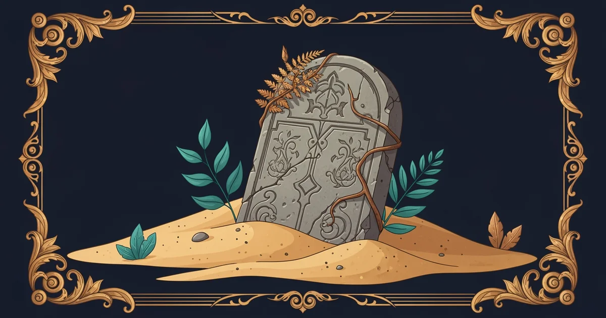 A weathered stone tablet partially buried in desert sand with faint, eroded carvings visible, Victorian botanical illustration style, representing a Learning Whistle learning path on Why We Lost So Mu