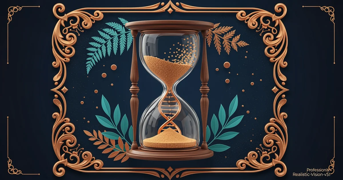 An hourglass with a DNA helix, Victorian botanical illustration style, representing a Learning Whistle learning path on Women's Health Research.