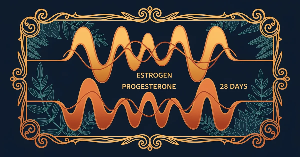A rhythmic wave pattern diagram, Victorian botanical illustration style, representing a Learning Whistle learning path on women's hormonal cycles.