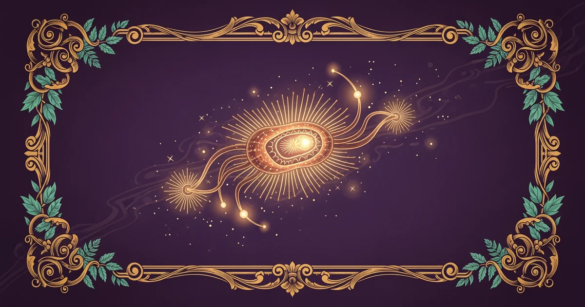 A glowing, bioluminescent organism floating in a dense, purple-tinted alien atmosphere.