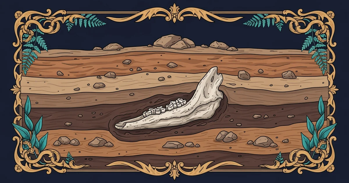 A fossilized deer jawbone in a soil layer, Victorian botanical illustration style, representing a Learning Whistle learning path on zooarchaeology.