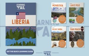 Illustrated Liberia travel guide featuring Monrovia, Lake Piso, Mount Nimba, and Dan Mask.