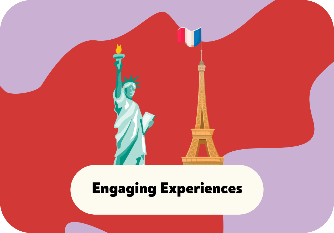 Iconic Landmarks: Statue of Liberty & Eiffel Tower Combo The Statue of Liberty and Eiffel Tower with a French flag on a colorful abstract background.