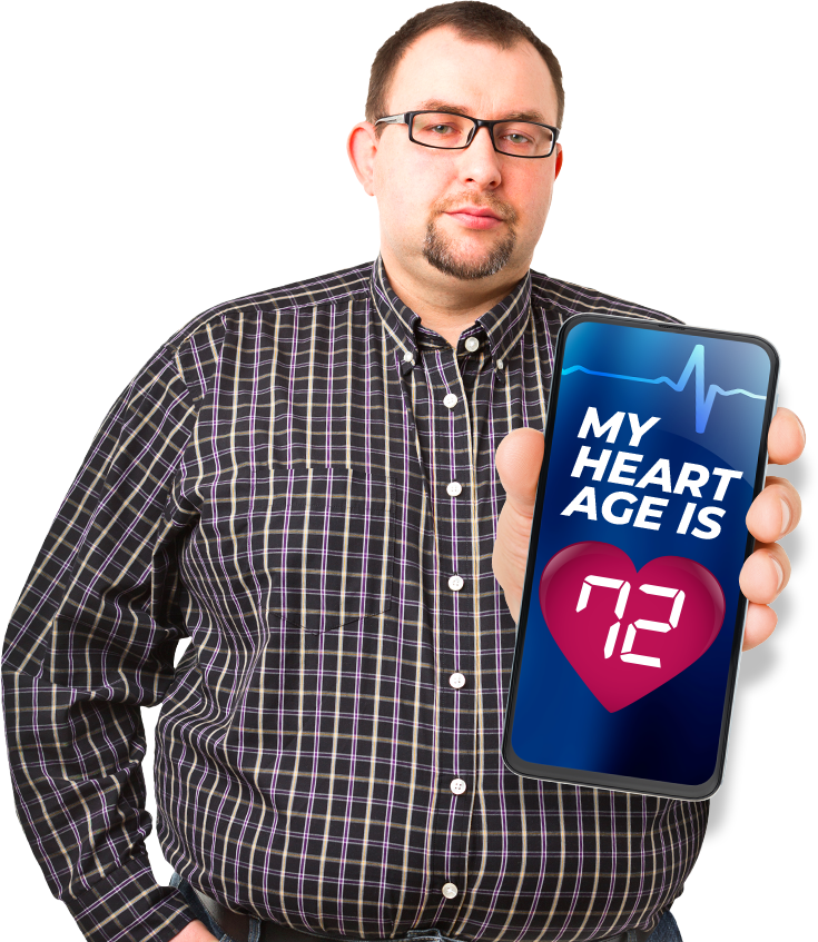 Man with overweight in his thirties holding a phone that reads my heart age is 72