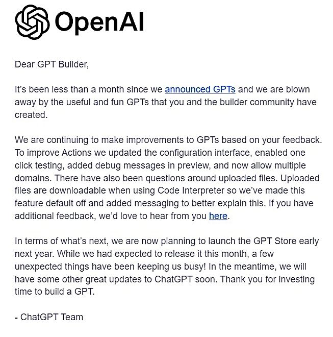 OpenAI「GPT Store」開始延期、2024年初旬へ。「予期せぬ出来事あって遅れてしまった」のサムネイル画像