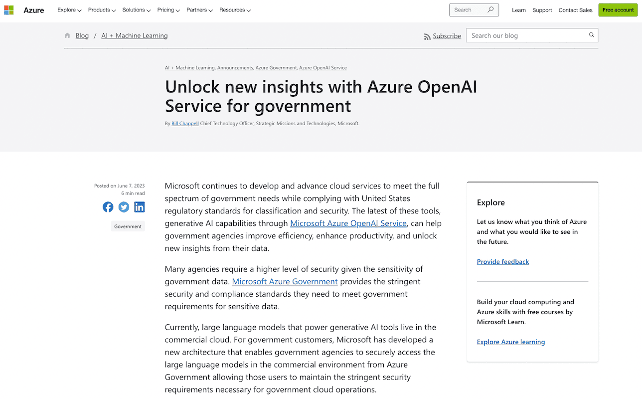 Microsoft、Azureユーザーの米政府機関に対しGPT-4など大規模言語モデルへのアクセスを解禁のサムネイル画像