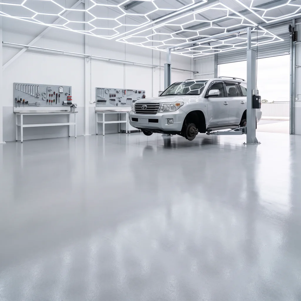 A LandCruiser 200 raised on a two-post hoist in a bright, clean workshop