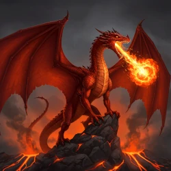 Classic Red Fire Dragon breathing fire on volcanic rock