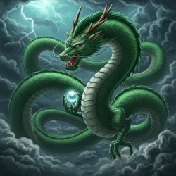 Wise Green Eastern Dragon coiling through clouds holding a pearl