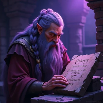 Wise dwarf studying runes in a violet forge, representing dwarf history and craftsmanship in names. Generate authentic dwarf names with our Dwarf Name Generator.