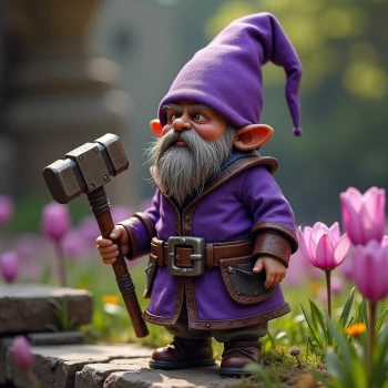 Gnome-like figure in purple with tiny hammer in a garden, representing weak dwarf portrayals and names to avoid. Create strong and traditional dwarf names instead!