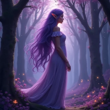 Serene elf maiden in violet forest, representing ethereal beauty and nature connection of elves. Generate beautiful elf names with our Elf Name Generator.