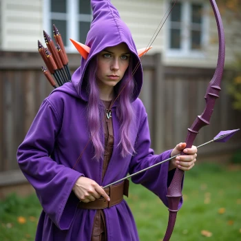 Person in purple elf ears and generic costume in a backyard, representing weak and stereotypical elf portrayals to avoid. Create authentic and elegant elf names instead!