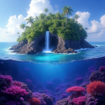 Lush tropical island with violet lagoon and waterfall, representing island paradise. Generate captivating island names with our Island Name Generator now!