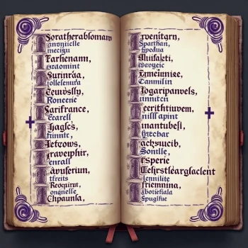 Illuminated manuscript page with medieval names in violet calligraphy, representing historical name origins. Generate authentic medieval names with our Medieval Name Generator.