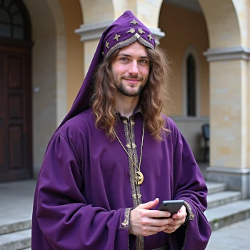 Person in a gaudy, inaccurate medieval costume with smartphone, representing weak medieval name associations to avoid. Create historically inspired medieval names instead!