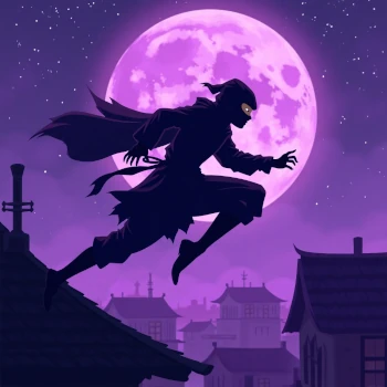 Stealthy ninja leaping across rooftops under a violet moon, representing ninja agility and mystery. Generate authentic ninja names with our Ninja Name Generator.
