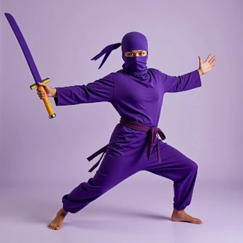 Clumsy person in a purple ninja costume tripping, representing weak and comical ninja representations to avoid. Create powerful and cool ninja names instead!