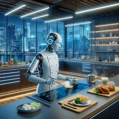 Robot cooking dinner at futuristic home