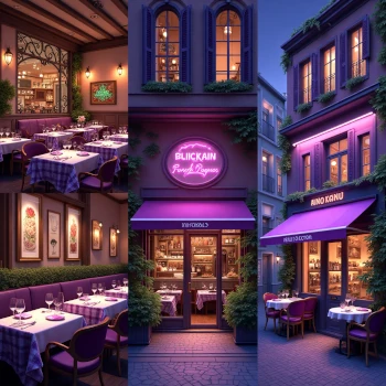 A realistic image showing iconic/appealing restaurant storefronts or interiors representing diverse concepts. Purple primary color.