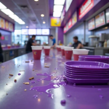 A realistic image visually representing common restaurant naming mistakes - perhaps confusing signage, generic facade, empty tables suggesting poor branding. Purple primary color.