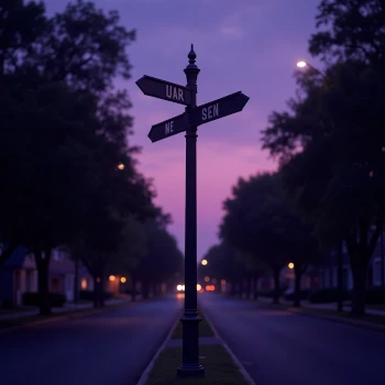 Classic street sign in violet dusk light at a quiet intersection, representing place and direction. Generate creative street names with our Street Name Generator.