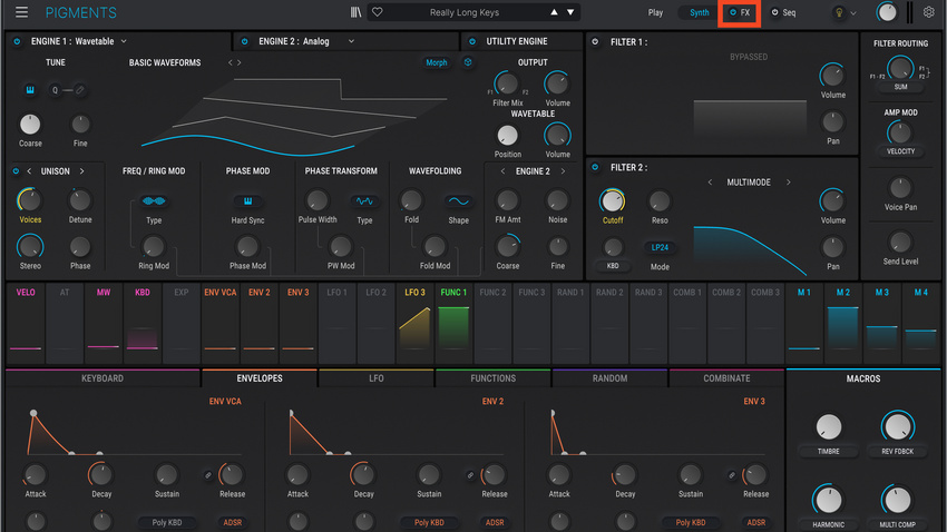 Software Synthesizer wie Arturia Pigments erlauben das globale Deaktivieren aller Effekte (siehe Markierung).