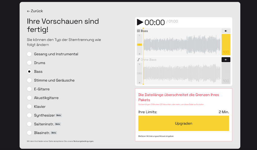 Die kostenlose Version von Lalal.ai ist zeitlich begrenzt