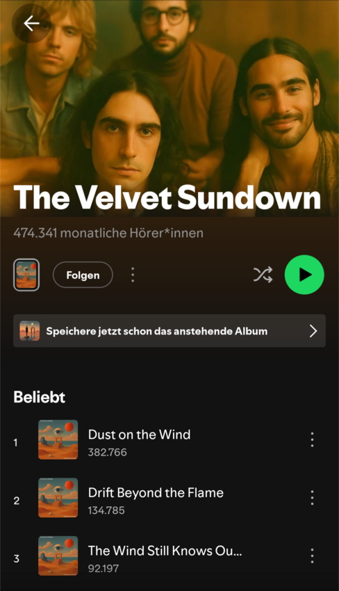 Screenshot der Spotify-Präsenz von The Velvet Sundown