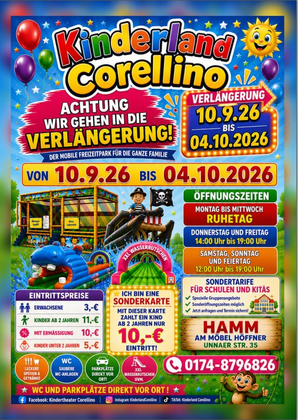 Kinderland Corellino verlängert den Freizeitspaß in Hamm vom 10.9. - 4.10.2026