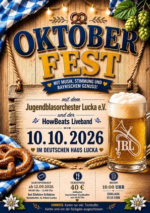Oktoberfest 2026 mit dem Jugendblasorchester Lucka & der HowBeats Liveband