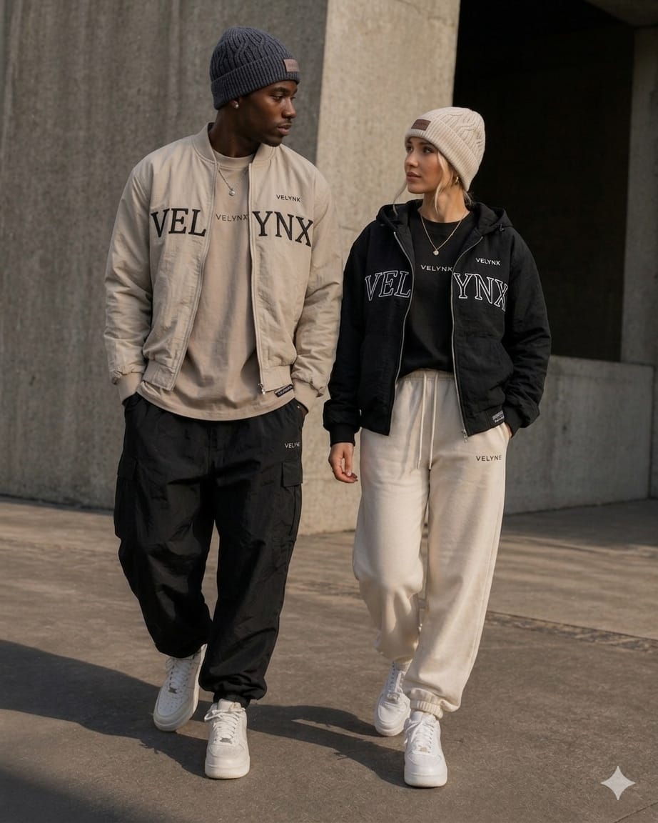 Couple in coordinated VELYNX outfits on a rooftop
