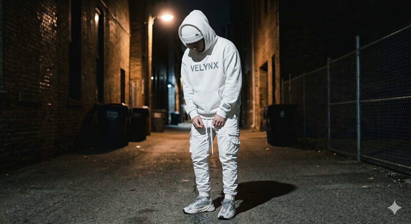 Male model featuring VELYNX jacket with back logo