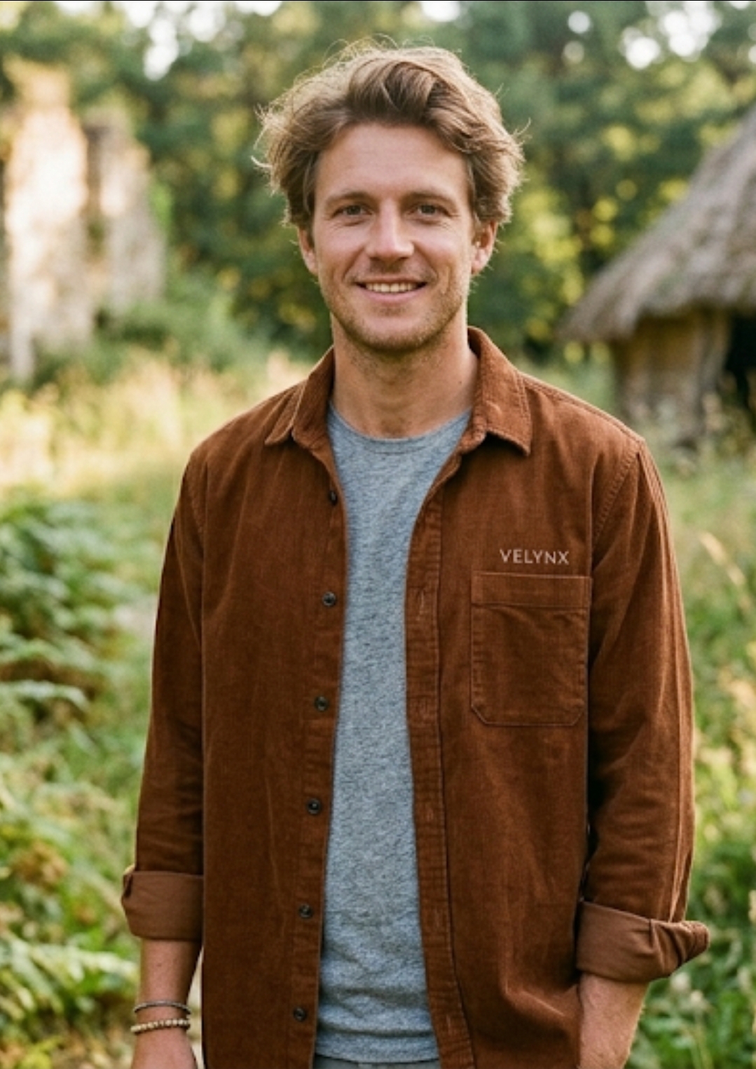 Male model in VELYNX casual wear in a natural setting