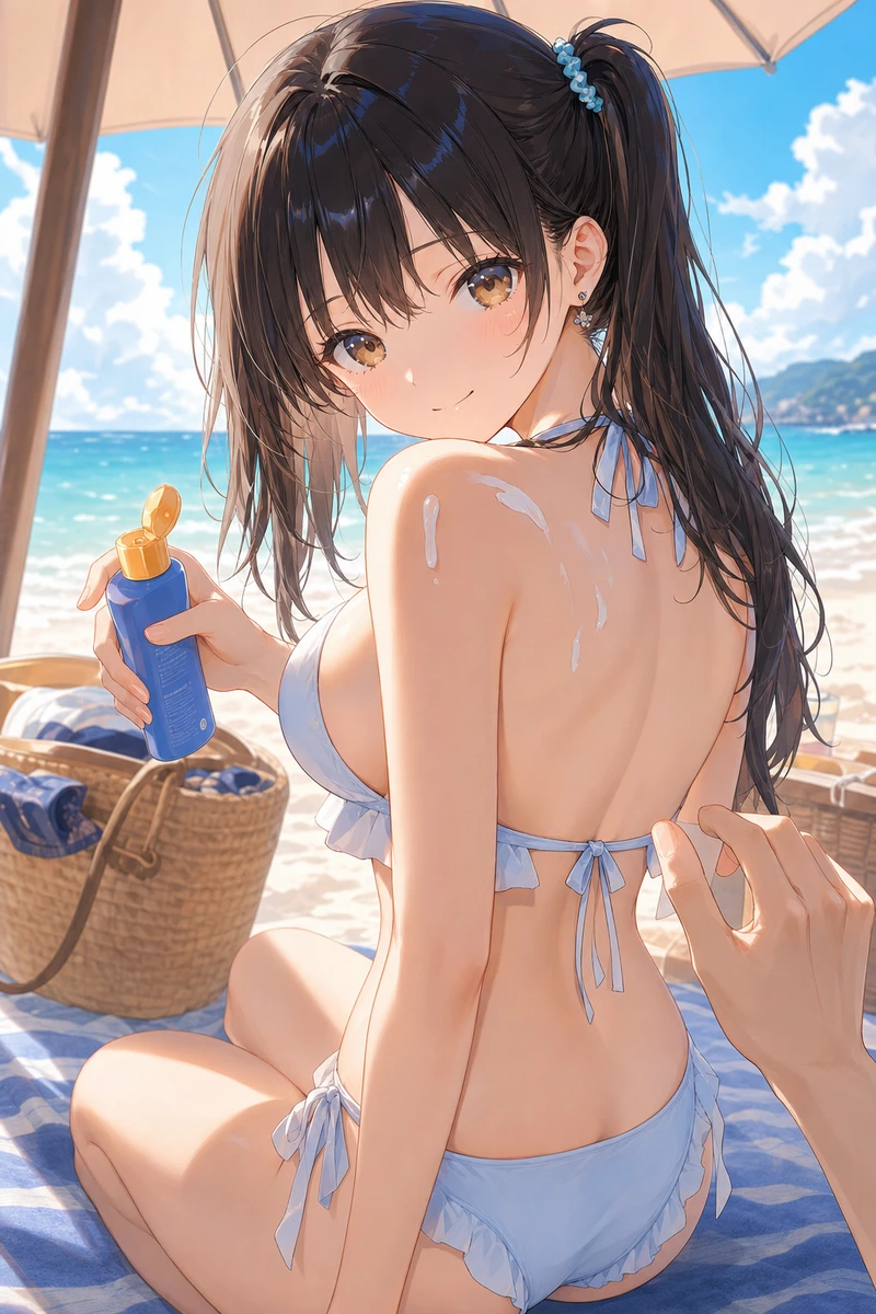 水着の彼女に日焼け止めを塗って、触れる