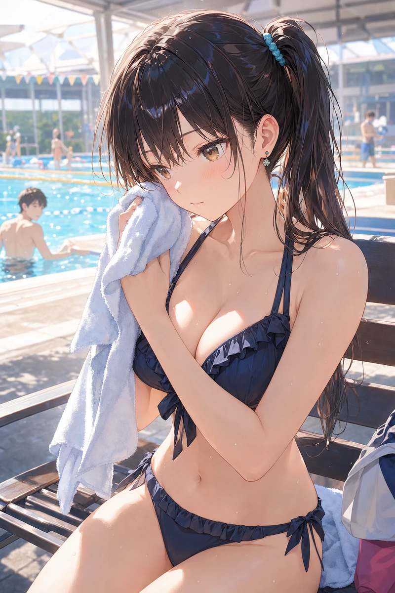市民プールで視線を集める美女