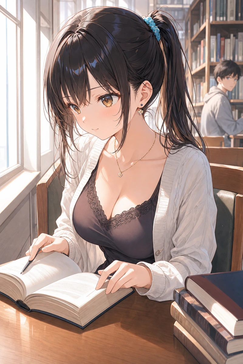 大学図書館で視線を集める美女