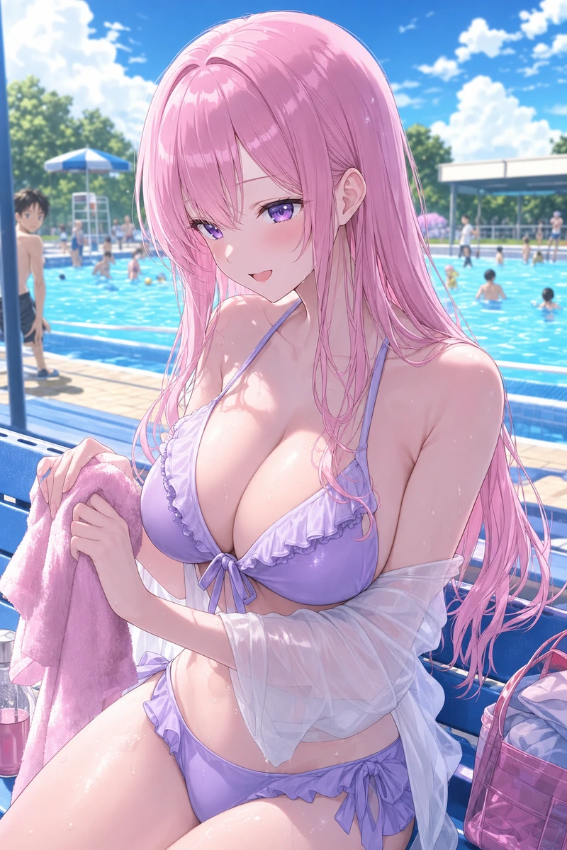市民プールで視線を集める美女