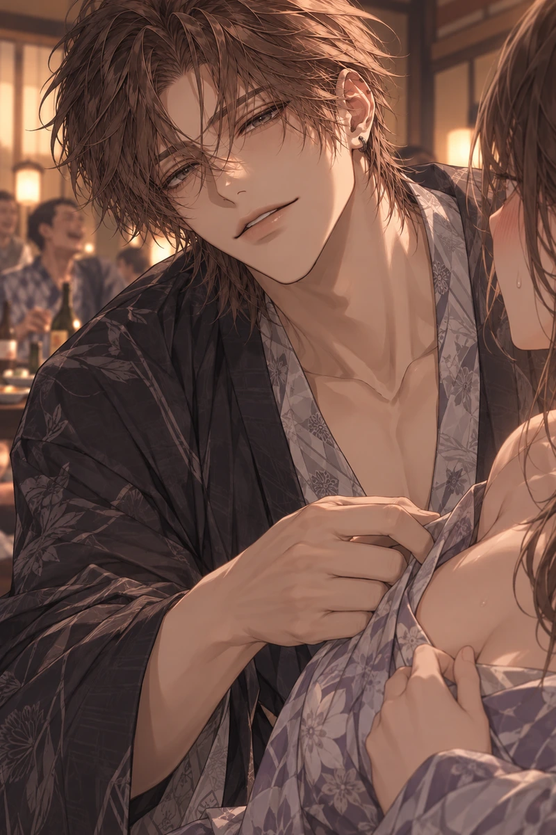 花菱智春の宴会場で、胸元を見ない同僚が浴衣を直してくる画像