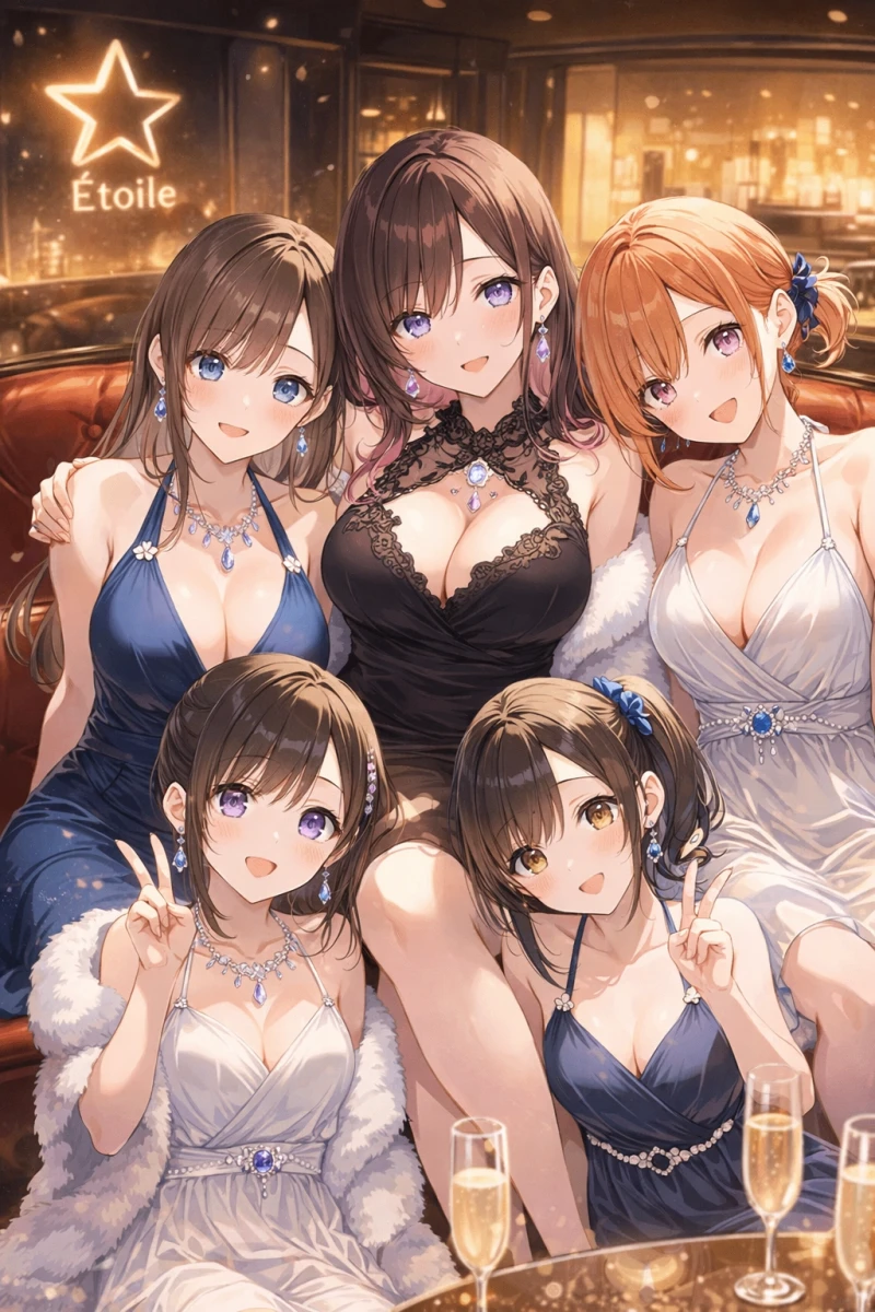 クラブ・エトワールのVIPソファで5人のキャストが並ぶ投稿画像