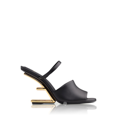 Fendi	Women First Open Toe Sandals 105mm in Black Leather with diagonal F-Shaped Heels