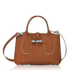 Longchamp	Small Roseau Top Handle Bag in Cognac Leather with White Leaning