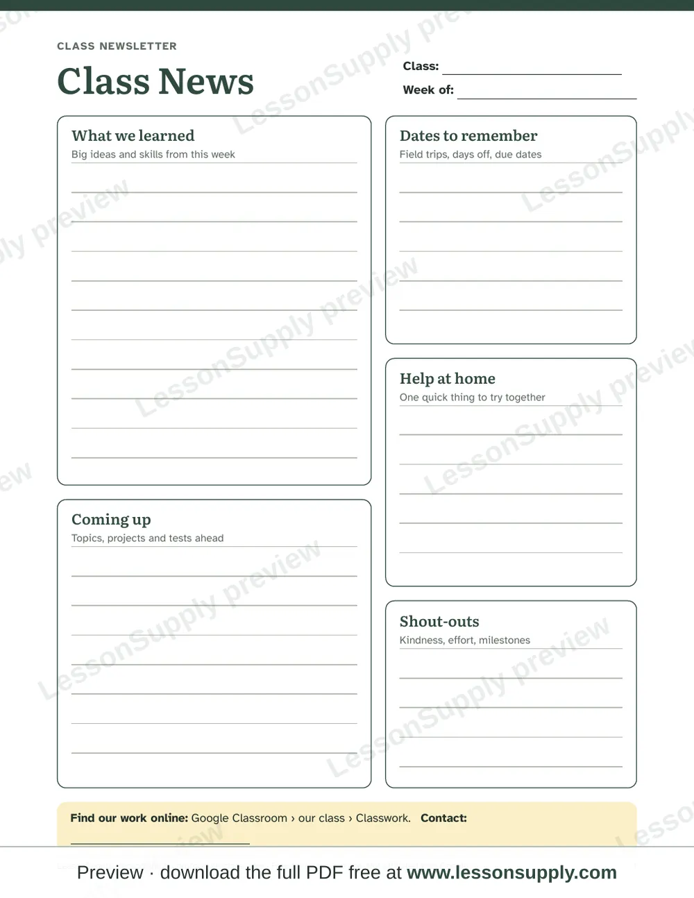 Class newsletter template, preview page 1