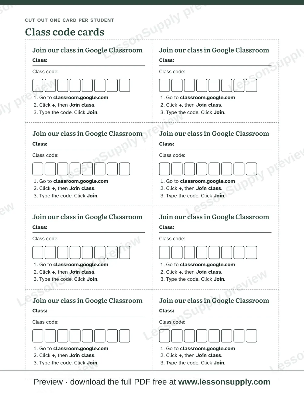 Google Classroom class code cards and login cards, preview page 1