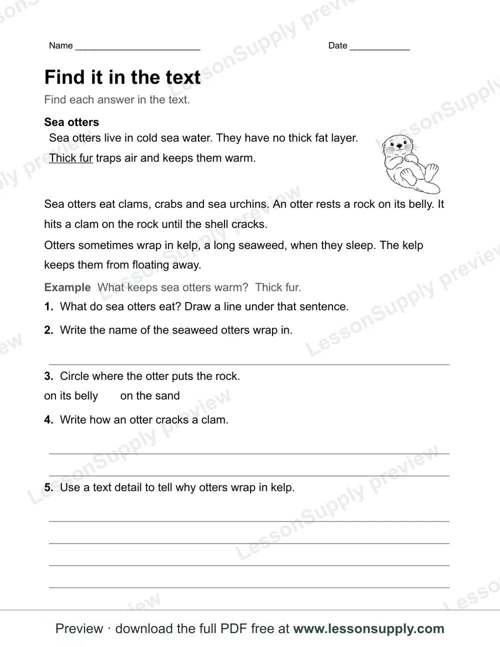 Sea-otter passage with an original line-art otter, a finished thick-fur example, five text-finding tasks and ruled answer lines.