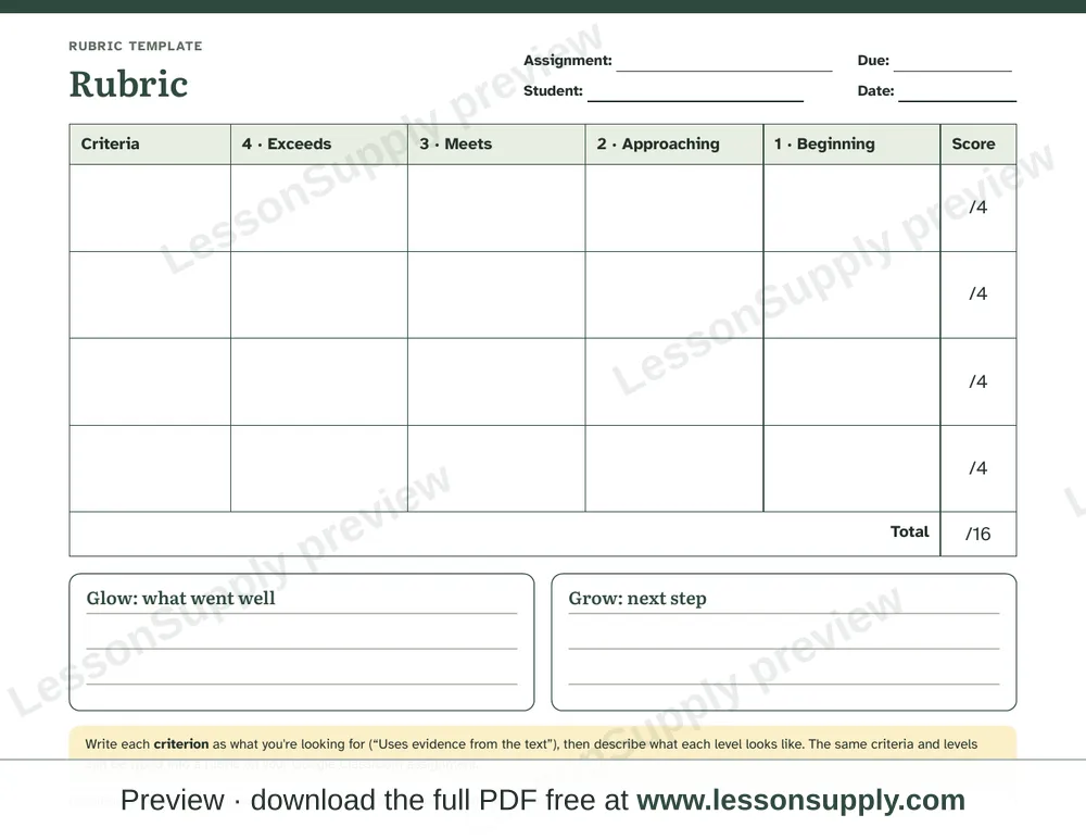 Rubric template (4 criteria, 4 levels), preview page 1
